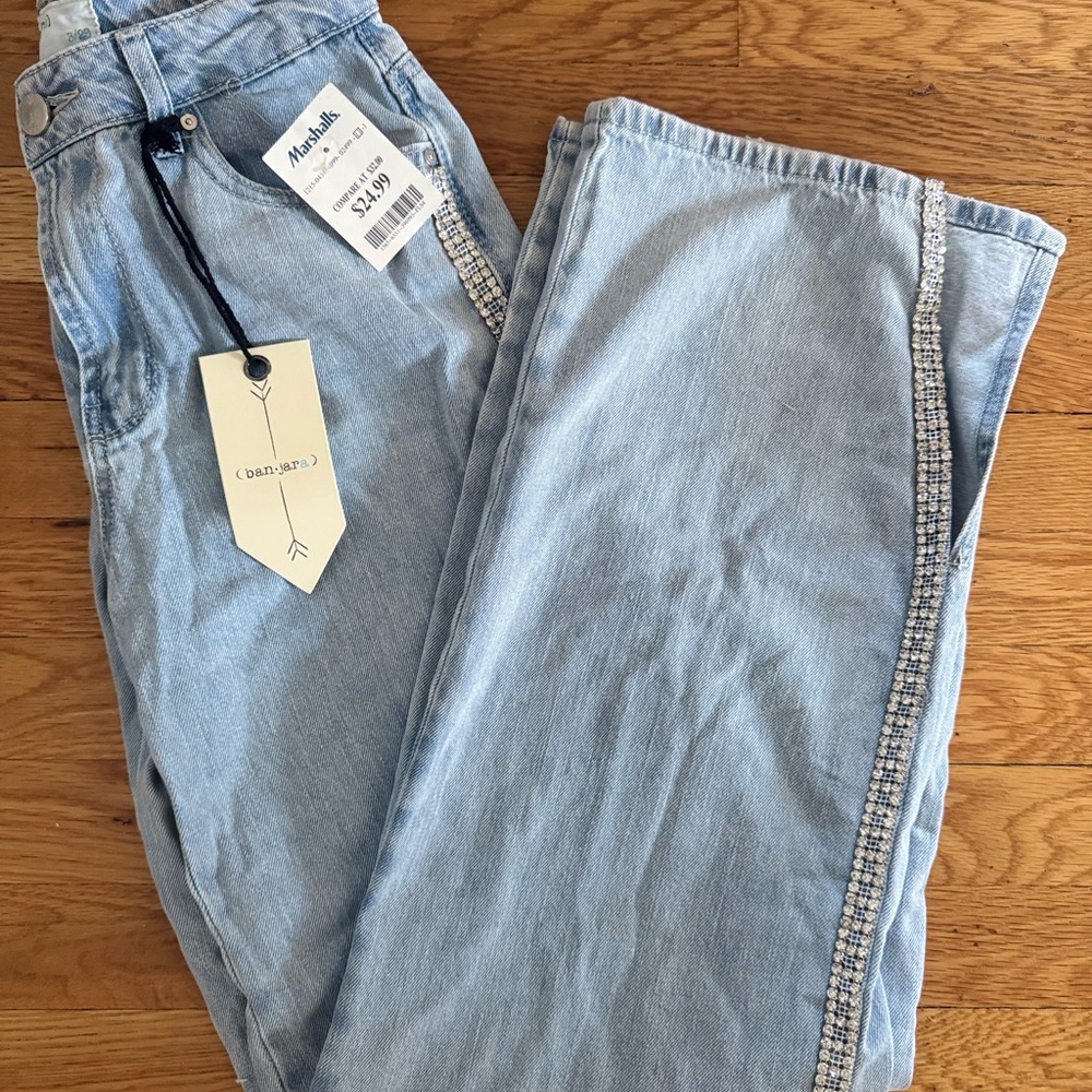 Light Blue Denim Jeans with Rhinestone Embellished Trim